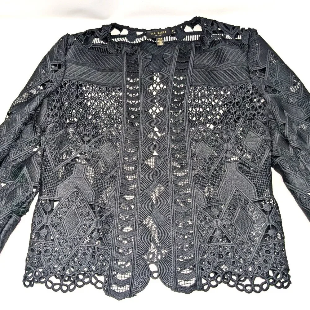 SOLDTed Baker London Black Lace Jacket Blazer Size 0 Open Sheer Dalmy Cropped - Picture 7 of 16